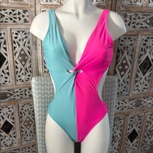 Vibrant Pink and Blue One Piece Swimsuit with Knot Detail
